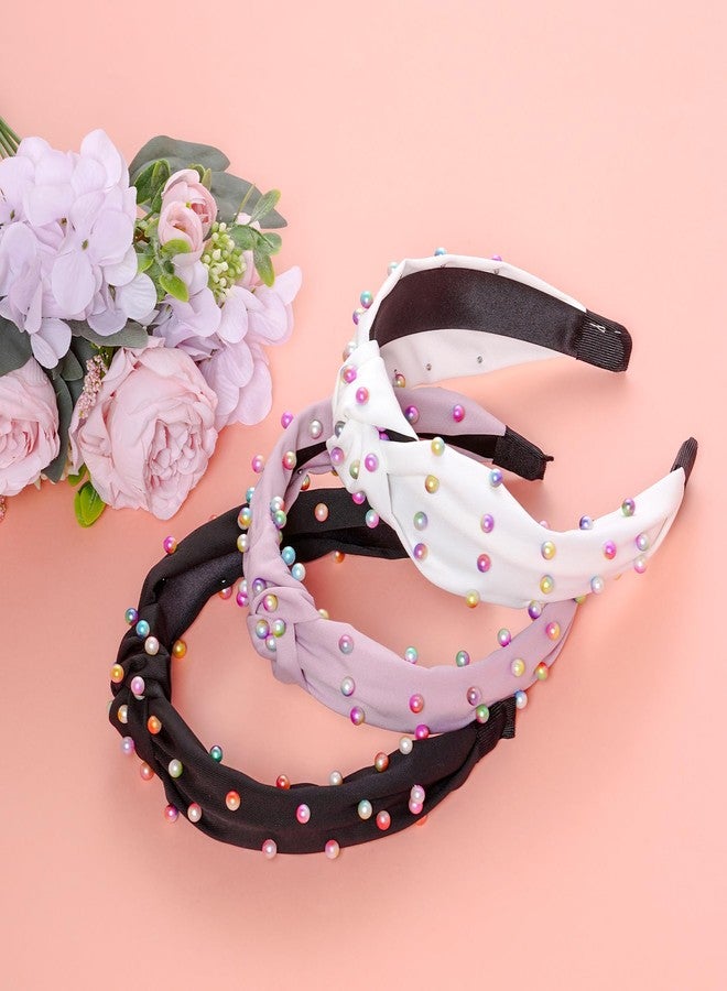 Sucrain 3 Pcs Pearl Knotted Headbands for Women Girls Colorful Jeweled Embellished Gem Faux Pearl Cross Knot Twisted Hairband Turban Headband Hair Accessories(Black,White,Pink) - Image 4